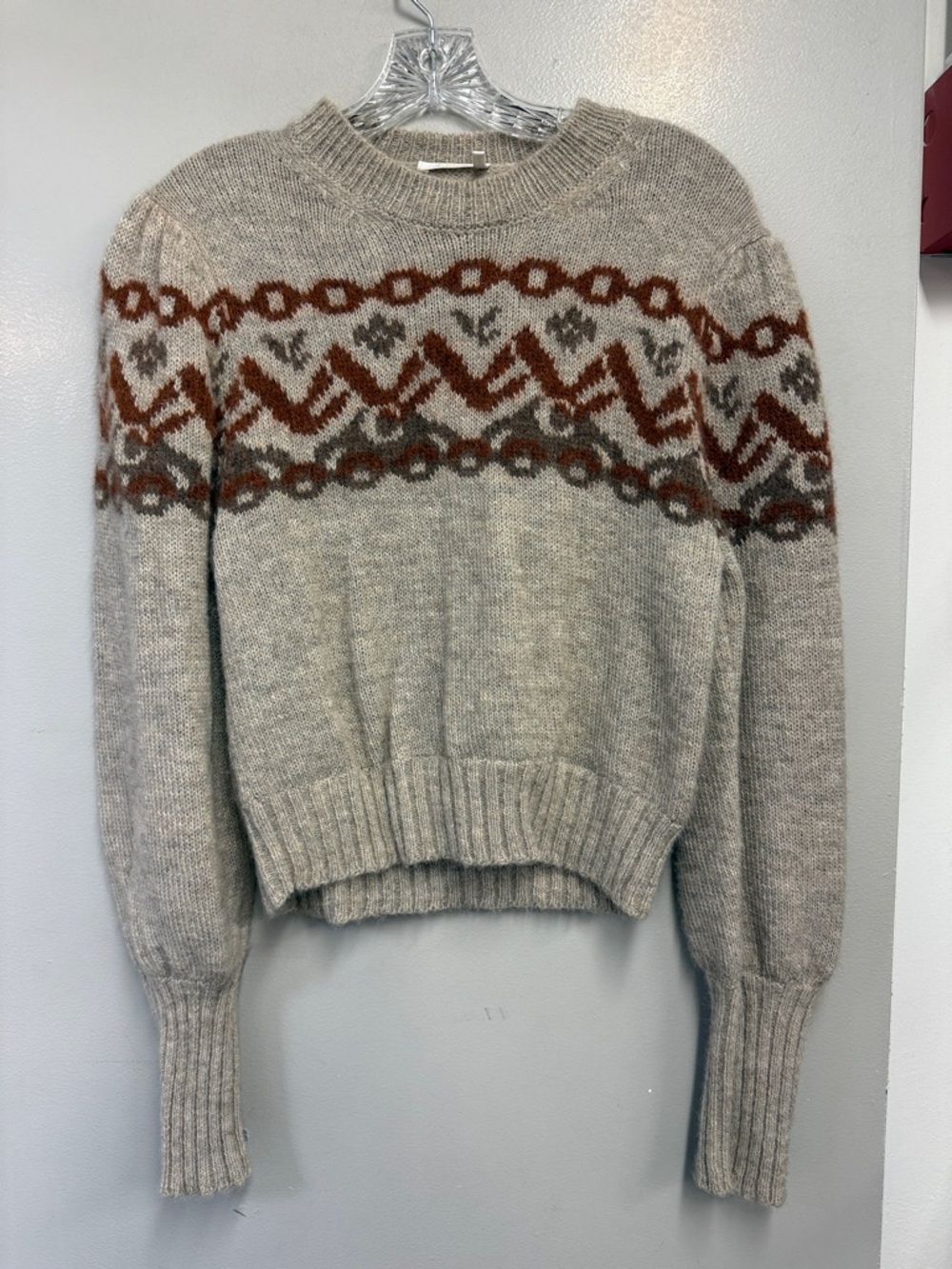 Chloe Women's Crewneck Fair Isle Sweater - Beige with Rust and Gray Pattern